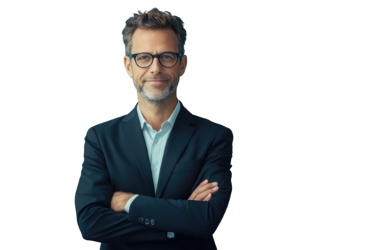 Business man in glasses and formal clothes looking at viewer with confidence and friendly smile, standing with arms crossed, isolated on blue background	