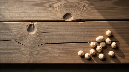 Rustic Wooden Surface with Scattered Light Beige Pebbles Displayed in Natural Sunlight