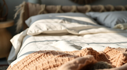 Obraz premium Cozy Bedroom Scene: Sunlight Illuminates a Soft Knitted Blanket on a Made Bed, Creating a Peaceful and Serene Atmosphere