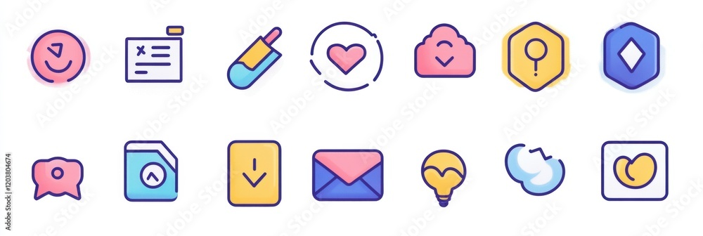 Aufkleber Modern digital icons representing various app functionalities in vibrant colors and simple designs. Generative AI