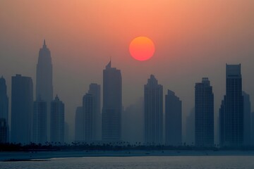 Vibrant Dubai Skyline at Sunset with City Lights.
