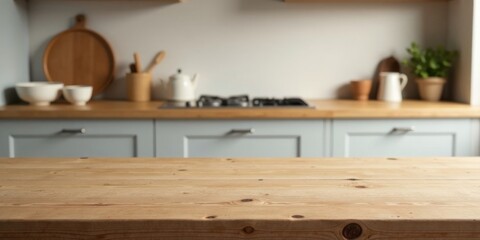 Rustic Kitchen Tabletop with Blurred Background of Farmhouse Style Cabinets and Cooking Utensils