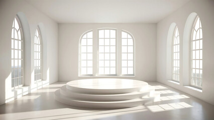 Minimalist White Room Interior with Arch Windows and Circular Platform Stage - Bright, Modern Architecture Stock Photo