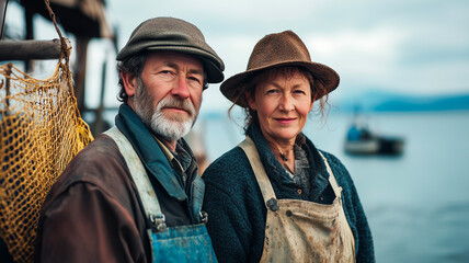 Fototapeta premium Mature fisherman couple working together