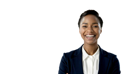 Professional Headshot of Smiling African American Businesswoman in Navy Blazer on White Background - Corporate Portrait
