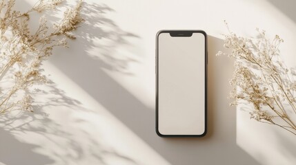 Blank mockup template of a sleek smartphone on a neutral white background, surrounded by clean lines and soft shadows.