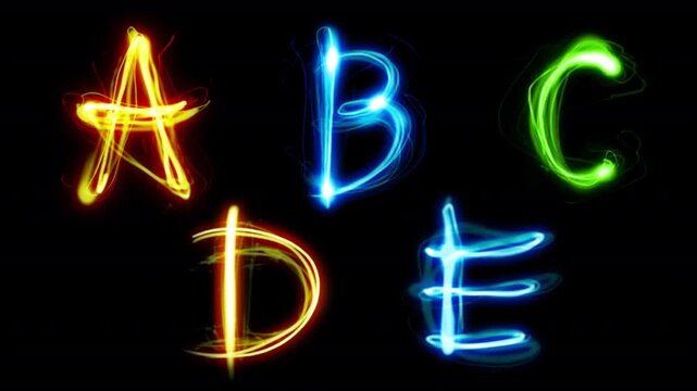 Appearing English alphabet. Animated A-E neon scribble doodle letters together and separately on a transparent alpha channel.