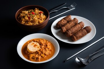 Delicious meal includes rice curry and pastries