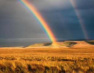 Obraz premium a stunning double rainbow arcs over expansive plains with dramatic sky and soft light enhancing the view