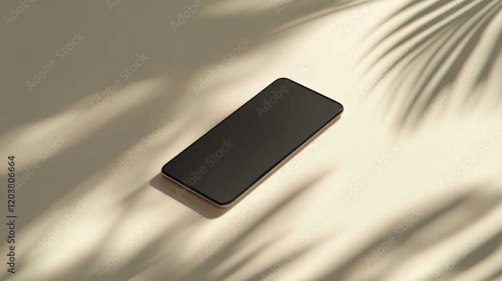 Canvas Prints blank mockup template of a slim smartphone on a smooth beige surface, surrounded by simple shadows a