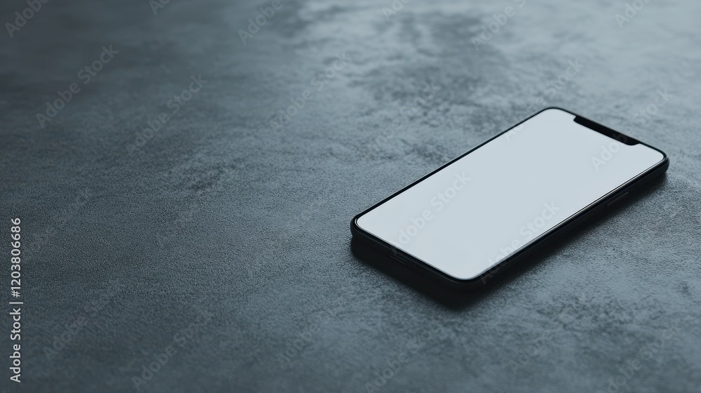 Wall mural blank mockup template of a smartphone resting on a plain gray surface, with minimal lighting and cle