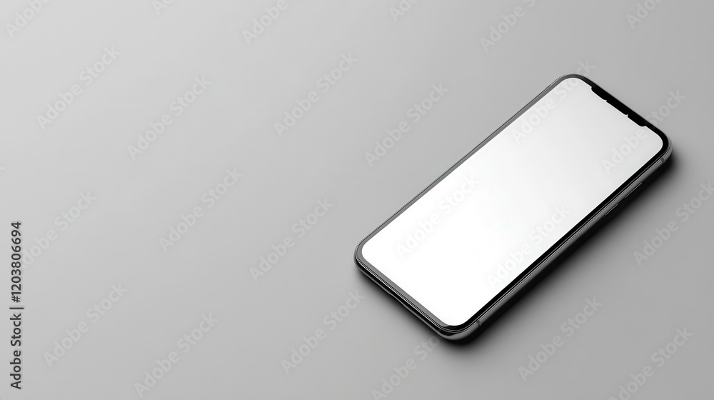 Sticker blank mockup template of a smartphone resting on a plain gray surface, with minimal lighting and cle