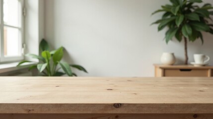Light Wooden Tabletop in a Bright Room with Plants and a Cabinet
