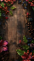 Vibrant Autumnal Still Life of Coffee Flowers  Berries  and Roasted Beans on Rustic Wooden Surface