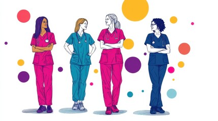 Fototapeta premium Four diverse healthcare professionals in scrubs stand confidently, showcasing teamwork and empowerment