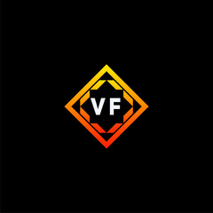 VF initials dynamic geometric logo design features a bold lettering sign in an orange and black color scheme, displayed against a dark background