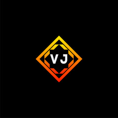 VJ initials dynamic geometric logo design features a bold lettering sign in an orange and black color scheme, displayed against a dark background