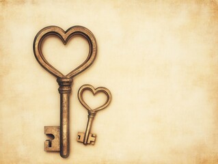 Two antique heart-shaped keys on aged paper background