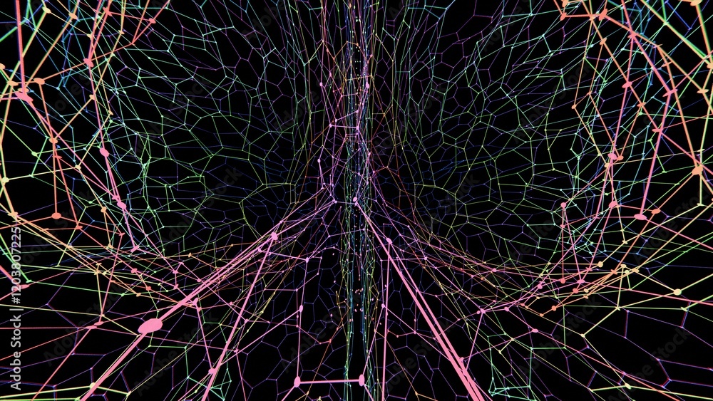 Fototapete abstract digital brain wireframe network mesh in red and blue gradient