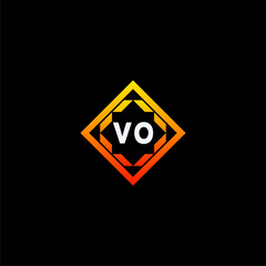 VO initials dynamic geometric logo design features a bold lettering sign in an orange and black color scheme, displayed against a dark background