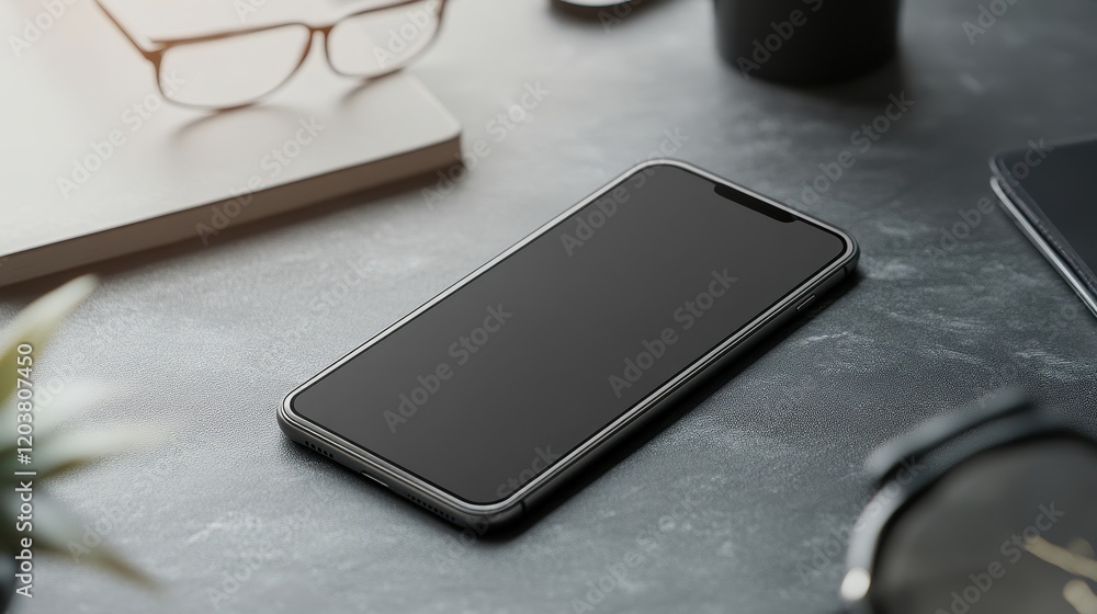 Canvas Prints blank mockup template of a sleek smartphone on a plain gray surface, surrounded by soft lighting and
