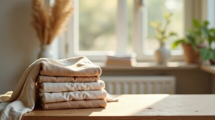 Neatly stacked soft beige and cream colored fabric on a wooden surface, bathed in sunlight from a nearby window, with blurred background elements of plants and vases.