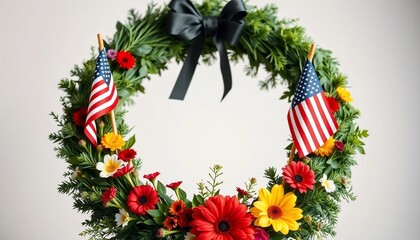 Patriotism Remembrance Wreath with American Flags and Colorful Flowers