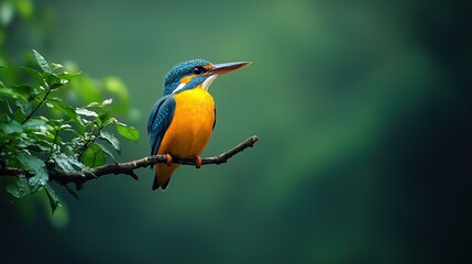 Kingfisher perched on branch, lush forest background.