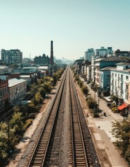 Fototapeta premium Urban railway tracks stretching into the city skyline under a clear sky