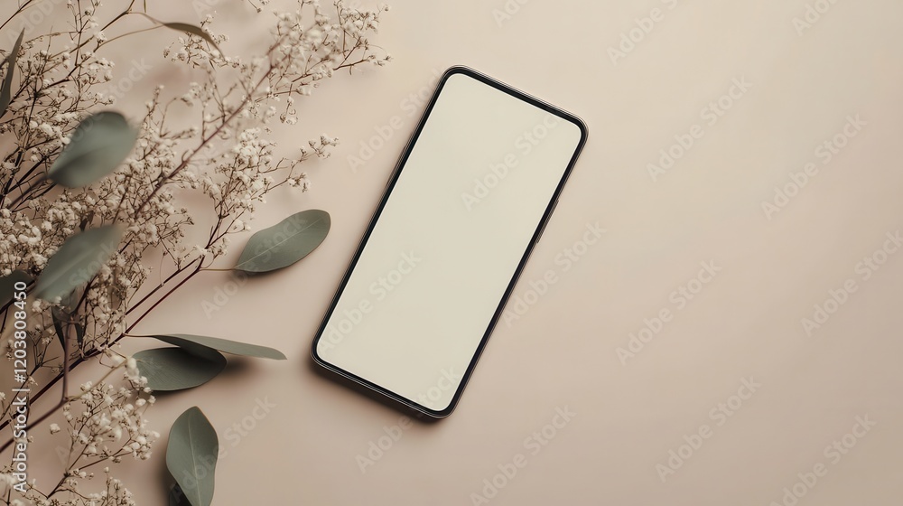 Canvas Prints blank mockup template of a smartphone resting on a plain beige background, with simple textures and 