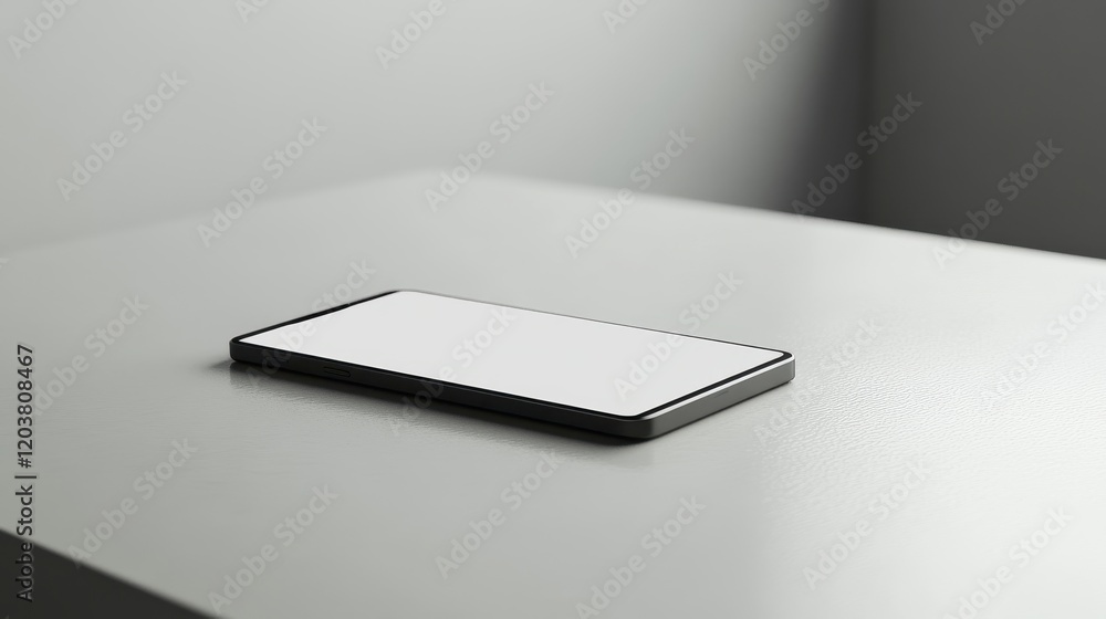 Wall mural blank mockup template of a smartphone on a smooth white table, with minimal shadows and a neutral ba