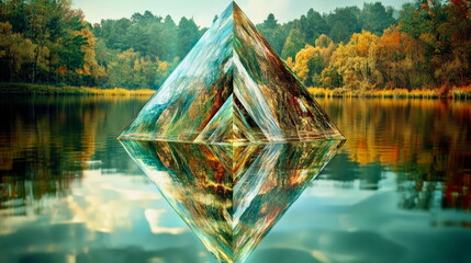 A surreal depiction of a floating glass pyramid radiating rainbow light patterns