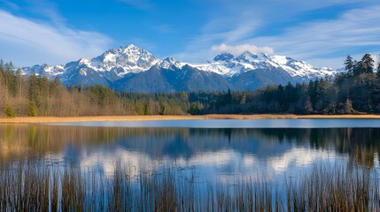A serene mountain background with snow-capped peaks and a tranquil alpine lake in the foreground.