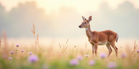 Naklejka premium A young deer stands gracefully in a field of wildflowers, bathed in the soft light of dawn, a serene moment of wildlife beauty