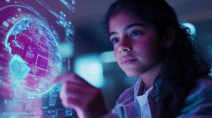 Teen exploring interactive holographic globe for education and discovery