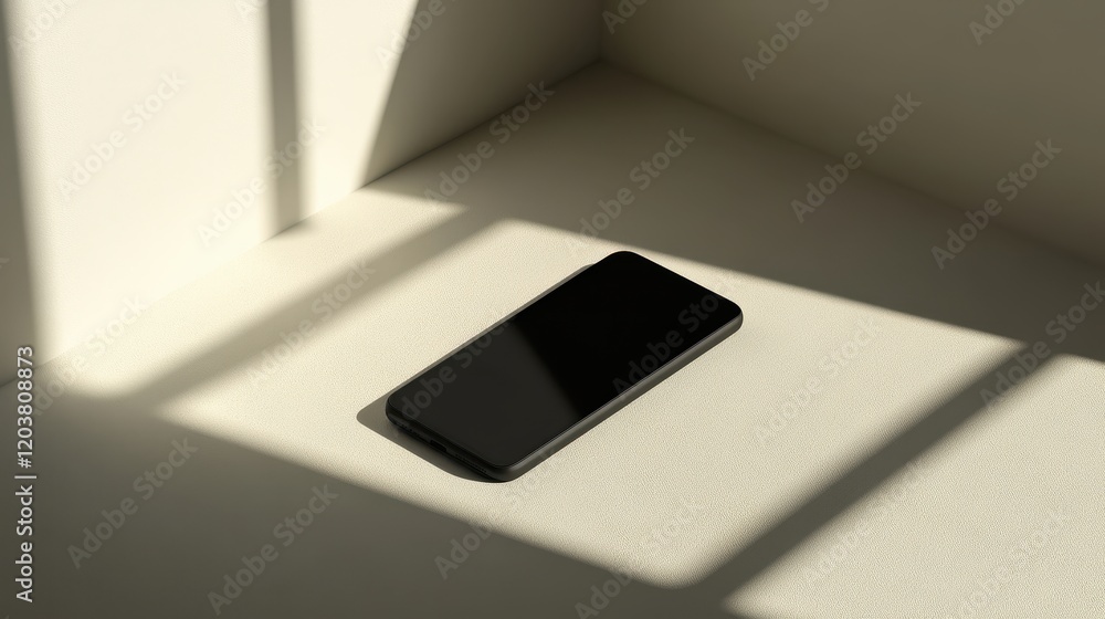 Wall mural blank mockup template of a sleek smartphone on a neutral-colored surface, surrounded by gentle light