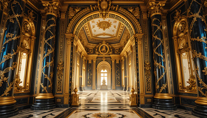 Fototapeta premium Grand Palace Hall Gold Decor Blue Accents Marble Floor Sunlit