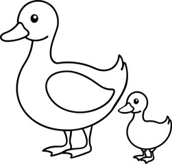 Coloring book Duck and her child line art illustration