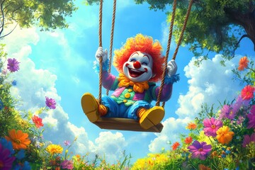 A colorful clown with vibrant hair and a wide smile swinging joyfully on a wooden swing amidst blooming flowers under a bright blue sky, creating a cheerful and whimsical scene

