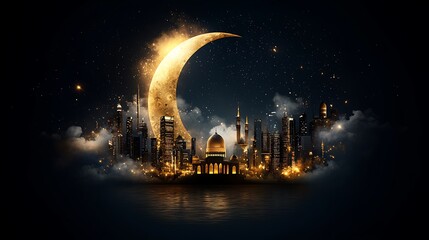 Naklejka premium Crescent moon over illuminated cityscape at night; religious holiday celebration; greeting card, social media