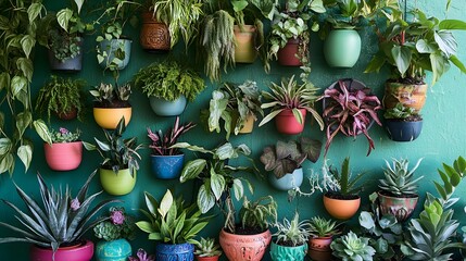 Fototapeta premium Vibrant Green Wall Decorated With Colorful Potted Plants
