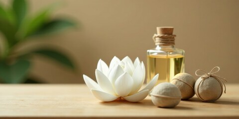 Serene Spa Setting with Essential Oil and Bath Bombs