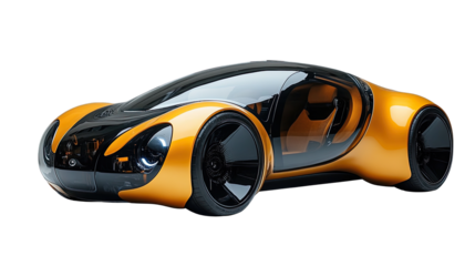Futuristic Concept Car: Sleek, golden-hued electric vehicle with a transparent roof and aerodynamic design, showcasing innovative automotive technology.  