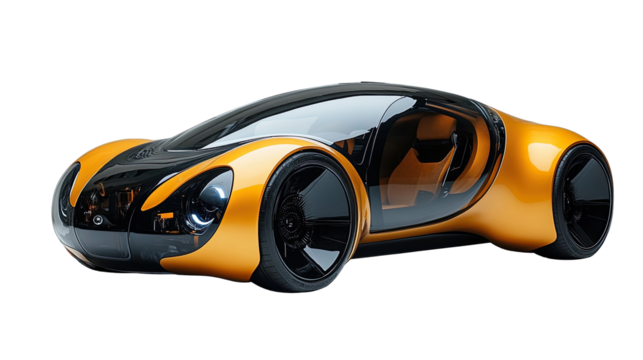 Futuristic Concept Car: Sleek, golden-hued electric vehicle with a transparent roof and aerodynamic design, showcasing innovative automotive technology.  