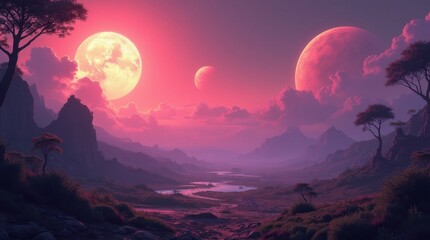 Alien Planet with Two Suns and Purple Vegetation