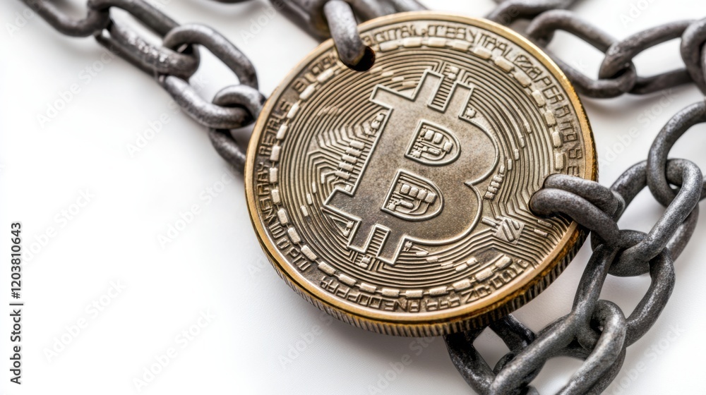 Poster golden bitcoin locked in a chain symbolizing security and cryptocurrency's value in finance