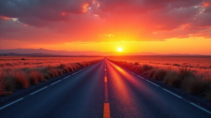 Naklejka premium Sunset Highway A Journey Towards the Radiant Horizon, Where the Asphalt Ribbon Unfurls Under a Fiery Sky