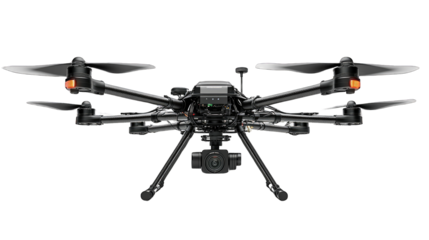 Black Drone with Camera: A professional drone with eight propellers and a high-resolution camera, poised for action.