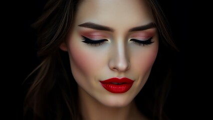 Fototapeta premium Profile of a Woman with Red Lips on a Dark Background, Exuding Beauty