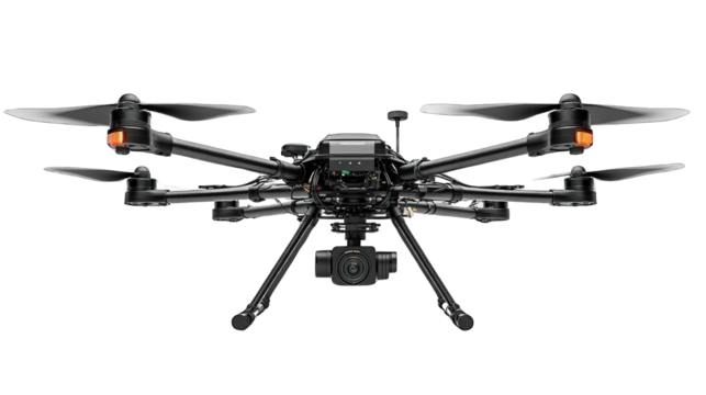 Black Drone with Camera: A professional drone with eight propellers and a high-resolution camera, poised for action.
